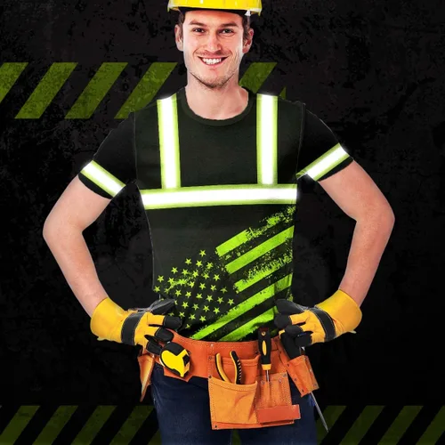 Vista 6 de Camisa de alta visibilidad con bandera de Estados Unidos de color para hombres y mujeres, con nombre personalizado, camisa de seguridad reflectante