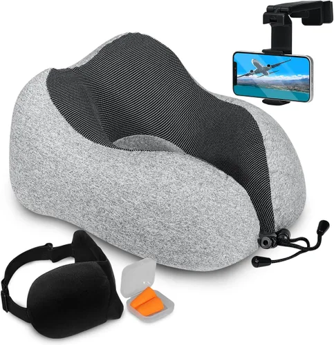 Vista 9 de Homeify Kit de viaje en avión, almohada ajustable para el cuello del avión de espuma viscoelástica con soporte para teléfono, máscara de ojos