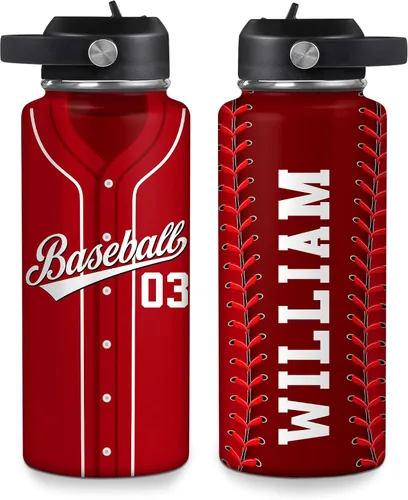 Vista 32 de Hyturtle Botella de agua de béisbol personalizada, botella de acero inoxidable aislada de viaje con tapa a prueba de fugas, 18 onzas, 32 onzas