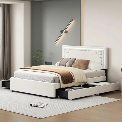 Vista 11 de Cama de plataforma flotante, marco de cama de madera tamaño individual con rayas claras, tela de lino suave y cabecera de diseño capitoné