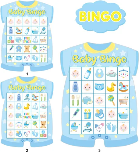 Vista 3 de Tarjetas de bingo para baby shower, 24 invitados, color azul, para recién nacidos, suministros de fiesta de baby shower