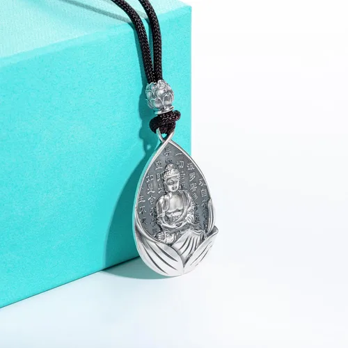 Vista 4 de AnuClub Collar con colgante de escultura de Buda Guanyin de plata de ley S999, amuleto de la suerte, joyería de San Patrono del zodiaco chino