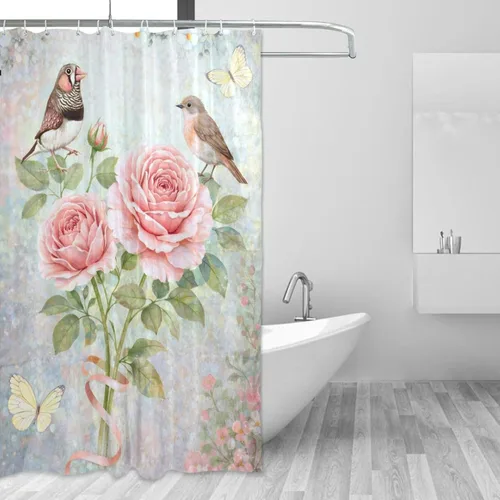 Vista 14 de MNSRUU Fabric Shower Curtain, Flowers and Butterflies Pink Waterproof Polyester Curtains with Hooks for Home Bathroom Decorative
