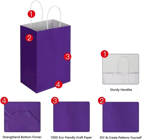 Vista 6 de Oikss Cada paquete de 100 bolsas pequeñas de papel kraft morado y amarillo con asas a granel