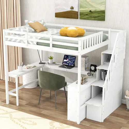 Vista 11 de Cama loft de madera tamaño matrimonial con escritorio en forma de U y espejo de tres pliegues, base de cama tipo loft multifunción con Espresso-10.16