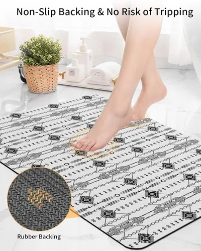 Vista 4 de Tapete de baño bohemio indio negro para bañera, antideslizante, de secado rápido y absorbente, de tierra de diatomeas, lavable, geométrico, nativo