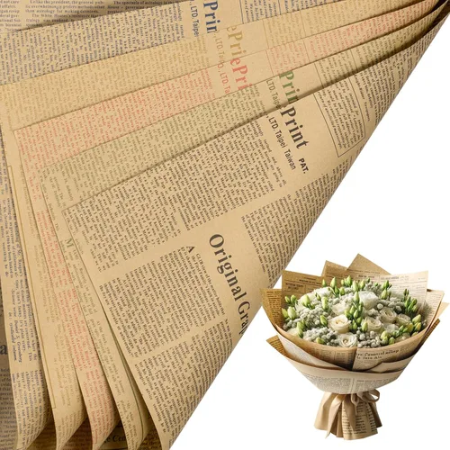 Vista 5 de RUSPEPA 20 hojas de papel de regalo para flores de periódico Kraft, papel reversible para ramos florales, diseño de papel de noticias Kraft