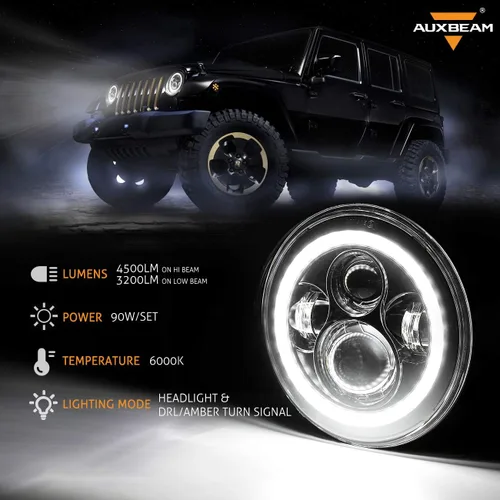 Vista 2 de Auxbeam Faros delanteros LED de 7 pulgadas aprobados por DOT para Jeep Wrangler JK JKU Unlimited TJ LJ CJ 1997-2018, faros delanteros redondos de 7
