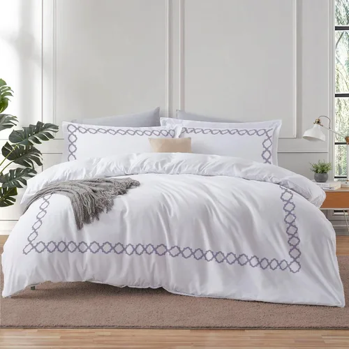 Vista 14 de BedDecor: Enchanted Oasis - Juego de funda de edredón de 3 piezas de 600 hilos de algodón egipcio con bordado de cuadrifolio, ultra suave