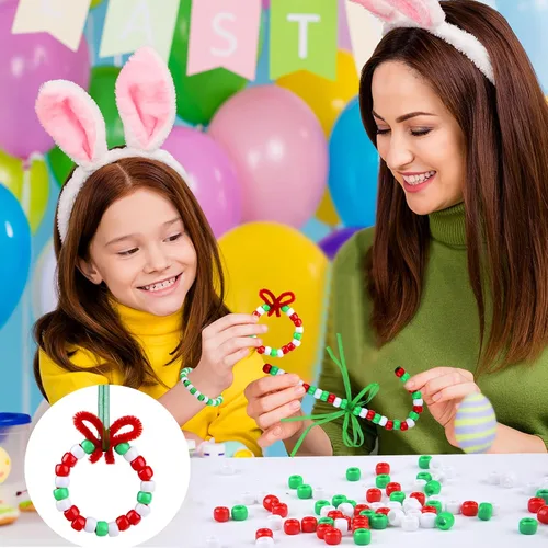 Vista 5 de Livder Kit de adornos de cuentas de Navidad, incluye 1000 cuentas de plástico rojo, verde y blanco, 60 tallos de chenilla, cinta de 64 pies