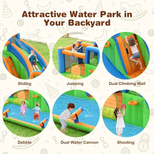 Vista 4 de HONEY JOY Tobogán acuático inflable, parque acuático gigante 7 en 1, casa de rebote para patio trasero al aire libre con soplador de 735 W, piscina
