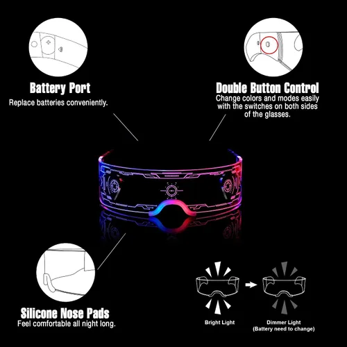 Vista 5 de Paquete de 2 lentes LED de vidrio iluminado para fiestas para niños y adultos, lentes de sol futuristas multicolor, accesorios espaciales, gafas