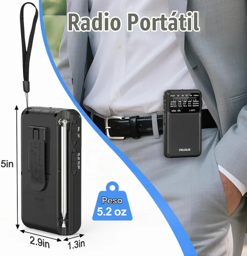 Vista 3 de PRUNUS J211 Radio portátil AM FM, carga USB C y funciona con pilas AA Negro