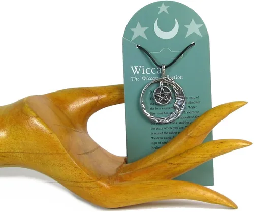 Vista 3 de La Pentacle en la luna peltre colgante sobre Cord Collar, la colección de Wiccan