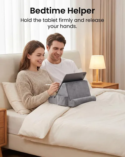 Vista 4 de CreaDream Soporte de almohada para tableta, almohadilla suave para regazo, soporte para tablet para cama con 3 ángulos de visión, bolsillo, soporte