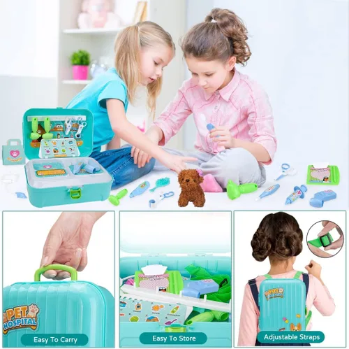 Vista 4 de TAKIHON Kit de veterinario para niños, juguetes 2 en 1, mochila 2 en 1, cuidado y aseo de mascotas, juego de rol médico veterinario para niños
