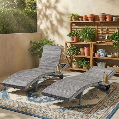 Vista 32 de Tumbona reclinable para patio al aire libre con respaldo ajustable de 5 posiciones y mesa auxiliar de madera, silla lounge para todo tipo de clima