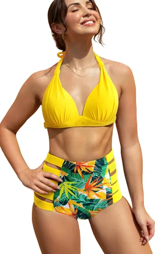 Vista 24 de SPORLIKE - Traje de baño de cintura alta para mujer, bikini de dos piezas con control de abdomen y parte superior triangular