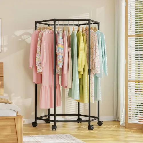 Vista 4 de Perchero con ruedas, perchero hexagonal con ruedas para colgar ropa, tendedero de ropa, almacenamiento de ropa para dormitorio, lavandería, balcón