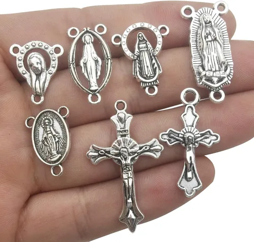 Vista 3 de 60 piezas de plata antigua estilo tibetano rosario cruz y centro milagroso medalla con cruz de crucifijo de aleación colgantes y eslabones de araña