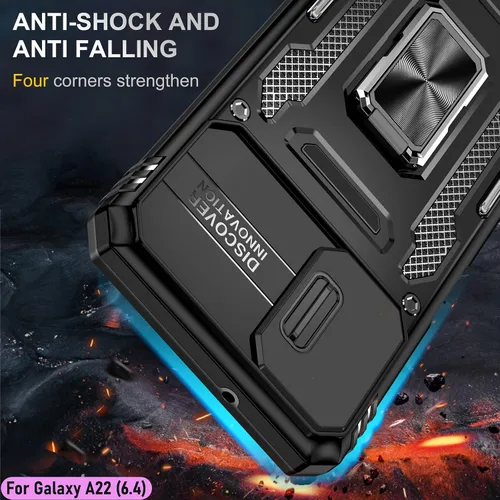 Vista 7 de Funda resistente para Samsung Galaxy A22 (4G), protector híbrido de goma de doble capa de grado militar con protector de cámara deslizante, soporte