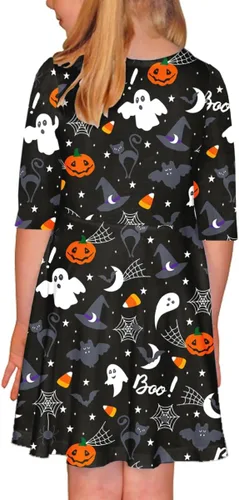 Vista 3 de Remimi Vestido de calabaza de Halloween para niñas, vestido de calabaza fantasma, para vacaciones de 3 a 14 años