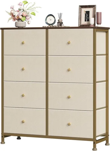 Vista 18 de Sweetcrispy Cómoda para dormitorio, cómoda de tela con 8 cajones, cómoda para armario, sala de estar, marco de acero resistente, parte superior