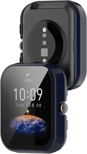 Vista 4 de Funda rígida compatible con Amazfit Bip 3 con protector de pantalla de vidrio templado, ultrafina, cobertura completa, para Amazfit Bip 3 Pro, azul