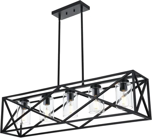 Vista 9 de Lámpara de araña negra para comedor con 4 luces, con cristal semillado, base E26