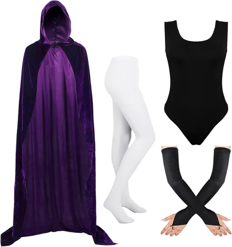 Vista 3 de Shinymoon Women's Halloween Cosplay Costume Purple Bodysuit with Hooded Cloak Velvet Cape Foot Tight Satin Gloves Suits