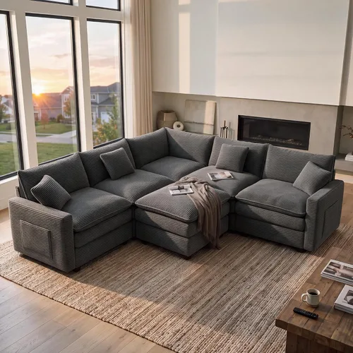 Vista 48 de Sofá seccional modular de 107", sofá de nube en forma de L con otomana Negro