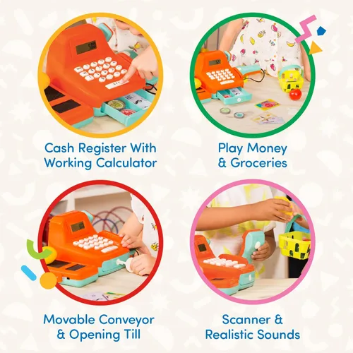 Vista 4 de Battat Kids - Caja registradora con escáner y sonidos, juego de 26 piezas Pretend play shopping set with calculator, light-up scanner, play money