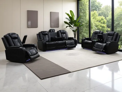 Vista 24 de Juego de sofás reclinables eléctricos, juegos de muebles de sala de estar, sofá reclinable eléctrico moderno negro, sofá biplaza y silla