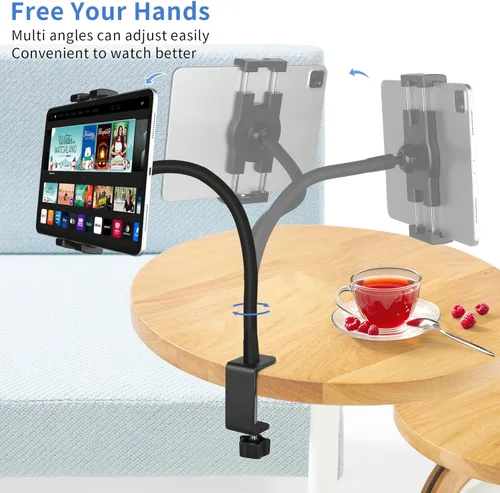 Vista 5 de Soporte para iPad de cuello de cisne, soporte de abrazadera para tableta, escritorio, mesa, cama, silla, atril, brazo ajustable de 360° para cocina