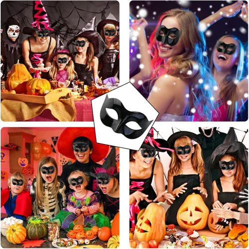 Vista 5 de Kaliosy Paquete de 5 máscaras negras de Halloween para parejas, máscara de carnaval veneciano para mujeres y hombres, decoración de fiesta