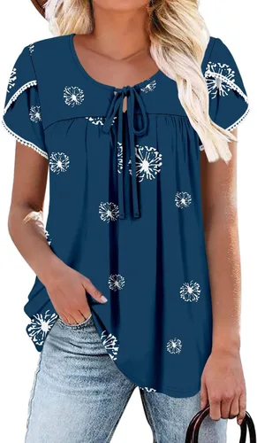 Vista 27 de BETTE BOUTIK Blusas de verano para mujer, plisadas, de manga corta, con cordón, cuello redondo, tallas S-3XL
