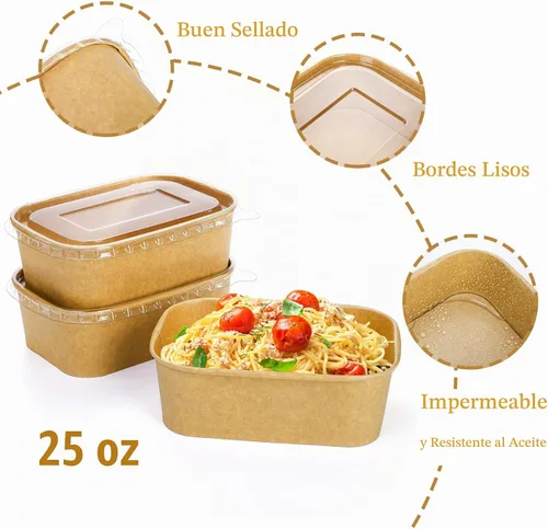 Vista 3 de Yesland Paquete de 50 cuencos rectangulares de papel kraft compostables, 25 onzas, aptos para microondas y congelador, reutilizables, perfectos