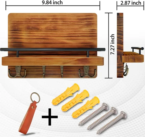 Vista 2 de Liberty - Llavero para pared, organizador de correo de madera de pino puro, soporte decorativo marrón con ganchos para llaves, soporte de pared