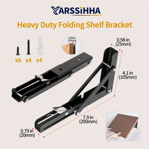 Vista 4 de Yarssihha Soporte plegable de estante de 8 pulgadas, paquete de 2 soportes plegables resistentes montados en la pared, soportes plegables de metal