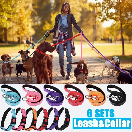Vista 7 de Juego de 6 juegos de correa y collar reflectantes para perro, correas de nailon ajustables, collar de perro resistente, correa de mango acolchado