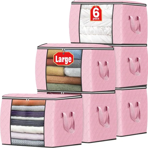 Vista 49 de Fab totes Paquete de 3 bolsas de almacenamiento plegables de tela gruesa, contenedores para organizar dormitorio, armario, ropa, edredón, Beige