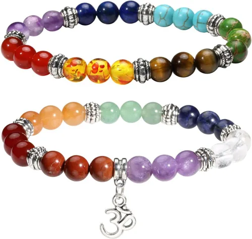 Vista 11 de Eigso Pulsera elástica de piedra de cristal de meditación curativa de 7 chakras para mujer con símbolo de loto, yoga, árbol, OM