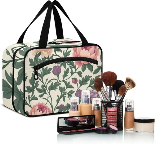 Vista 6 de Neceser de viaje con gancho, diseño retro vintage de flores, hojas y flores, bolsa de afeitar expandible para hombres para mujeres, bolso de viaje