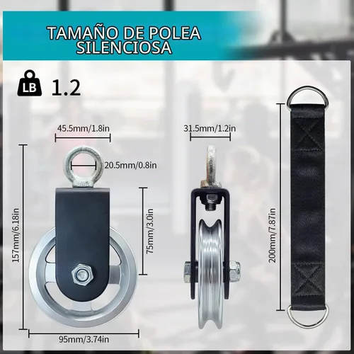 Vista 6 de Polea de cable para equipo de ejercicio con correa para colgar y mosquetón, rotación silenciosa de 3.74 pulgadas/3.740 in, polea de 360 grados