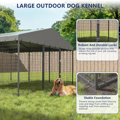 Vista 3 de Perrera grande para perros de 10 x 10 x 6 pies, jaula resistente con doble cerradura, perrera para perros al aire libre con cubierta impermeable