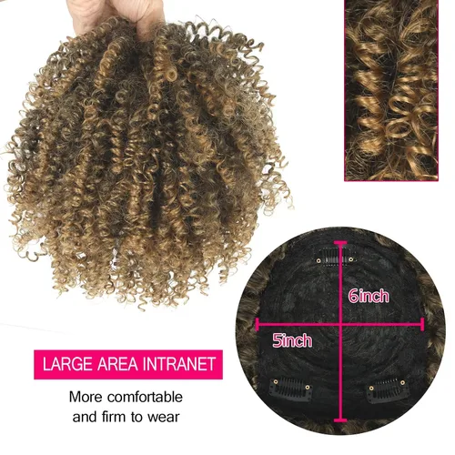 Vista 3 de Matthia Pelucas de cabello rizado marrón con flequillo para cabello fino, sintético corto afro rizado rizado con clip para mujeres negras (1B/27#)