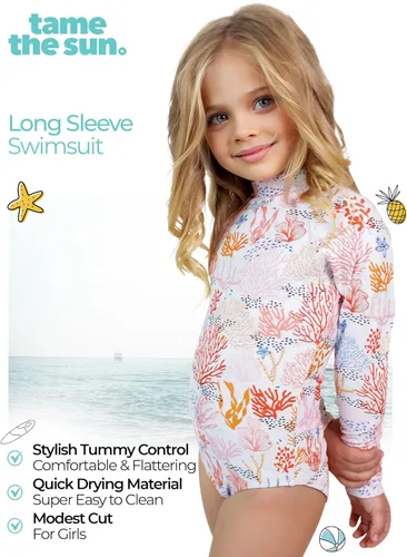 Vista 3 de Tame the Sun Traje de baño de manga larga para niñas, traje de baño de una pieza con protección contra erupciones, UPF 50+ con cremallera para niñas