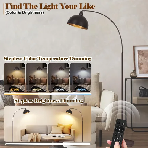 Vista 3 de Lámparas de pie de arco de bronce para sala de estar regulables – Lámpara de arco LED de 9W mejorada con 4 temperaturas de color, lámpara de pie