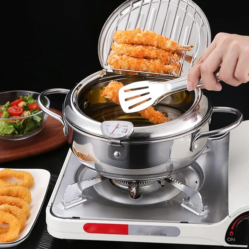 Vista 2 de Freidora Profunda Olla de Acero Inoxidable 304 Estilo Japonés 2.2L, Olla Japonesa para Freír Tempura con Tapa, con Control de Temperatura, Rejilla