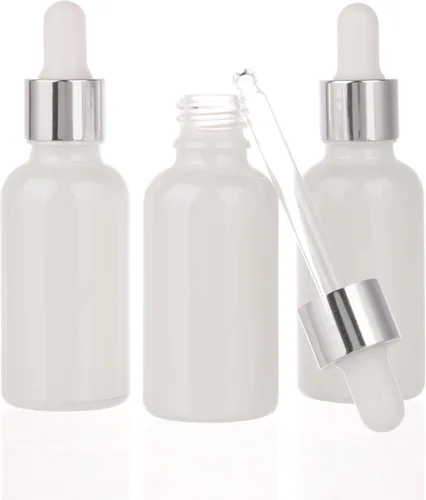 Vista 3 de COSIDEA 20pcs Vacío Blanco Perlado redondo 1.0 fl oz 1oz Botella de vidrio con cuentagotas de bambú para envases de envases de botellas de aceite